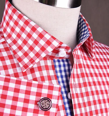 Camisa de vestir de negocios formal a cuadros de guinga roja grande azul fácil planchar sin arrugas Foto 1 de 4
