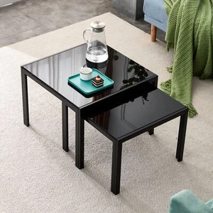 Nesting Coffee Table Set of 2, Square Modern with Tempered Glass for Living Room - Picture 1 of 12