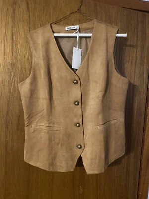 Tan Suede Vest by Grace Karin Sz L, Lined, So Cute!! NWT Gold Buttons - Image 1 of 4