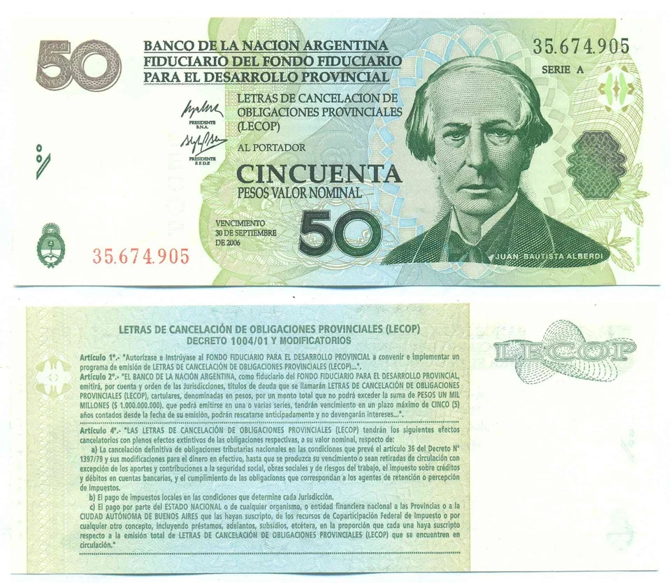 ARGENTINA EMERGENCY NOTE 50 PESOS (LECOP) 2001 OLIVERA-ARLIA EC#209 UNC - Image 1 of 1