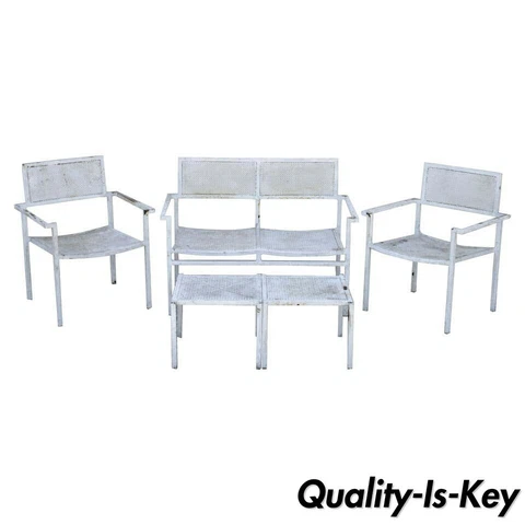 Vintage Burgess England Mid Century Modern Iron Metal Patio Set Chairs Loveseat Cover
