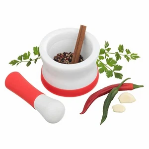 Mortar Pestle Mini Set Red Herb Spice Grinder Non-Slip Grip Ceramic Porcelain - Picture 1 of 5