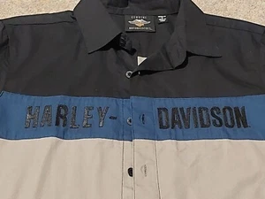 New! Harley Davidson Men's Medium Embroidered Button Down Shirt Blue/Gray/Black - Picture 1 of 5