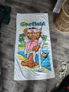 Vintage 70s Garfield Beach Towel Palm Trees Jim Davis Party White Franco Flaws* - Picture 1 of 14