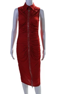 Givenchy Womens Front Zip Grommet Ruched Collared Midi Dress Red Size FR 38 - Picture 1 of 7
