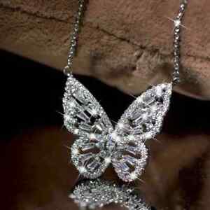 Baguette Cut Lab Created Diamond Butterfly Pendant Chain 14K White Gold Plated