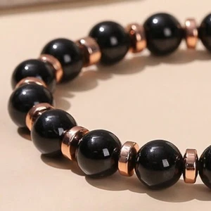 Pulsera hecha a mano elástica cuentas redondas obsidiana negra natural de 6-8 mm regalo 6-9" - Imagen 1 de 12