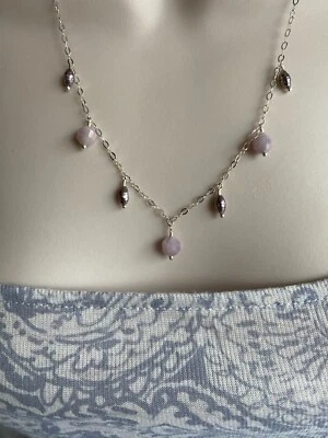 Collar de plata de ley con perlas de agua dulce de kuncita con piedras preciosas - Hecho a mano Foto 1 de 4