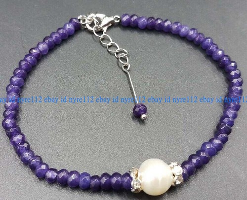 VALENTINO 2x4mm Faceted Amethyst Rondelle Gemstone Beads & White Pearl Bracelet 7.5''