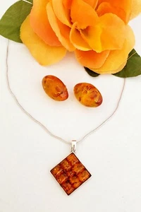 Vintage Sterling Silver Necklace and Earrings Set with Cabochon Amber Stone - Picture 1 of 5