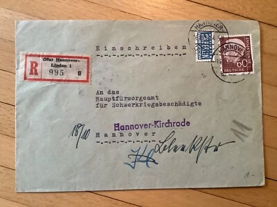 Einschreiben Hannover Linden/Hannover Kirchrode 16.10.54 siehe Stempel hinten - Bild 1 von 2