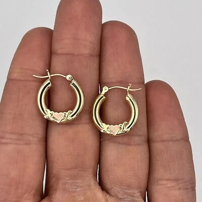 14k Two Tone Yellow Rose Gold XO Heart Huggie Hoop Earrings .66" - Image 1 of 4