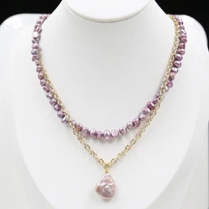 2 Rows 4-5mm Purple Baroque Pearl & 15x20mm Pendant 18 " Necklace 14k Gold P - Picture 1 of 6
