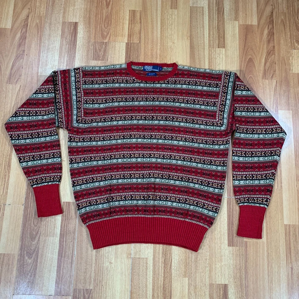 Vtg Polo Ralph Lauren Sweater Mens Large Multicolor Cotton Wool Hand Knit Crew - Image 1 of 4