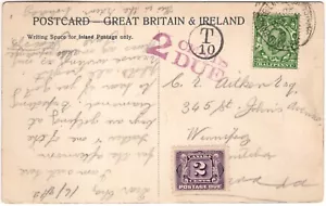 KANADA 1912 POSTKARTE VON GB NACH WINNIPEG, "2 CENT FÄLLIG" GÜTESIEGEL & 2c P. DUE STAMP - Bild 1 von 2