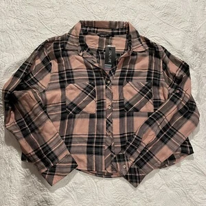 Only Line Pink Plaid Women’s Shirt 16 Long Sleeve Cropped Button Down - Picture 1 of 13