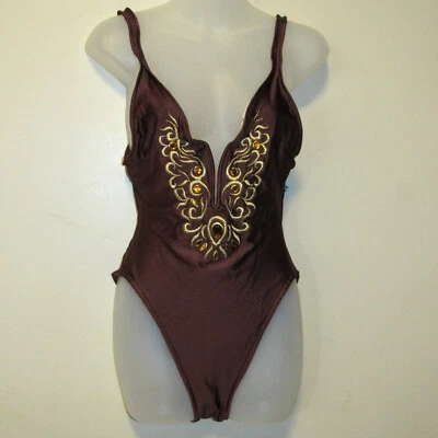 复古 90 年代 TOO HOT Brazil 闪亮巧克力棕色刺绣高帮泳装 尺寸 12 — 第 1/4 张图片