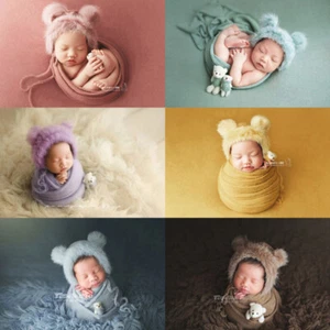 Newborn Photography Prop Baby Swaddling Wrap Blanket Backdrop Hat Bear Doll