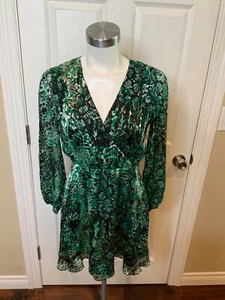 Alice + Olivia Green Multicolor Floral Textured V-Neck Mini Dress, Size 0 - Picture 1 of 5