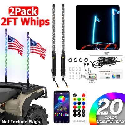 2x 2FT RGB LED Whip Chasing Antenas Lights Spiral W/Flag ATV Polaris RZR UTV 4WD - Image 1 of 4