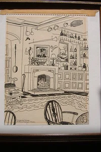 Maxwell Mays original drawing ink one of a kind rare old signed interior scene - Picture 1 of 6
