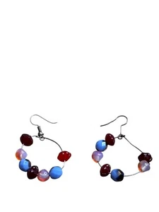 Artisan Silvertone Wire Dangle Beaded Hoop Earrings Multicolor Glass Beads 1.25" - Picture 1 of 2