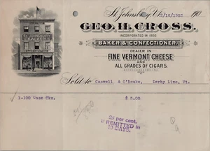 Billhead GEO 1903. H. Cross Baker / Puros de confitería, queso - Vermont - Imagen 1 de 5
