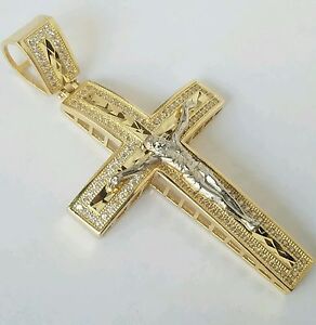 Big 14K Yellow white Gold diamond cut  Jesus Crucifix Cross Pendent  2.5" long