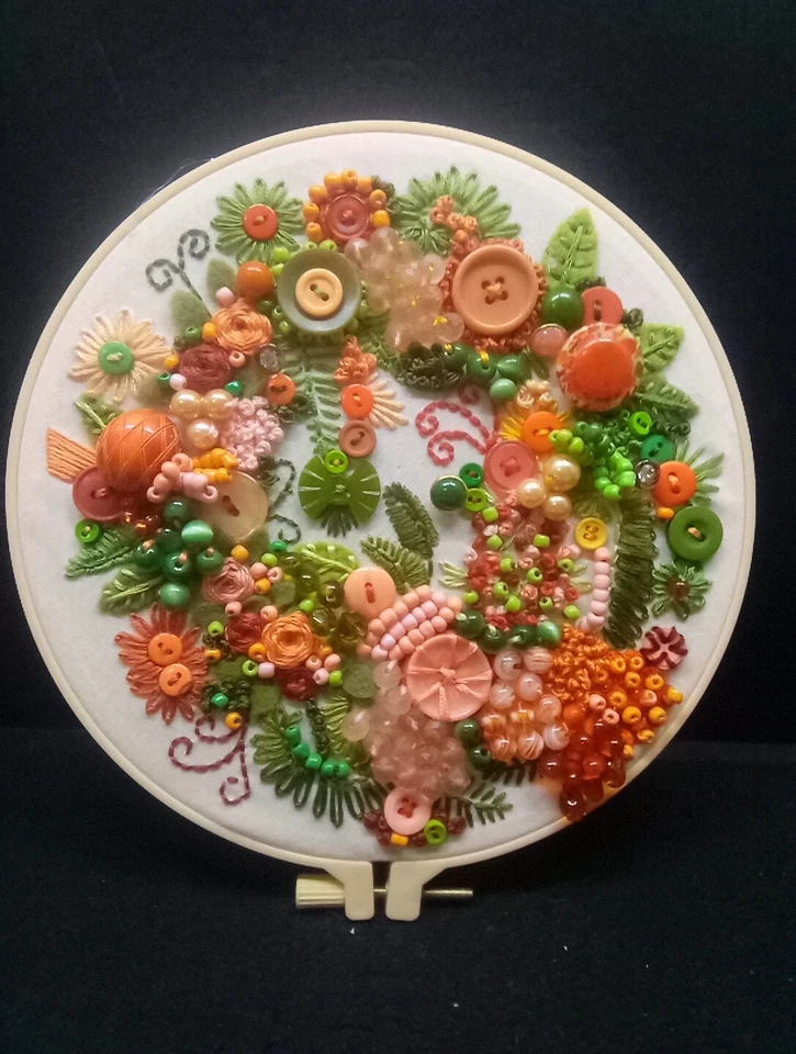 8"Embroidery Hoop Frame With Floral Design Red Orange Wall Decor Handmade #4 - Image 1 of 4