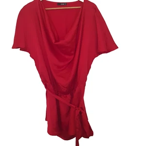 Quiz Womens Size 22 Red Silky Look cowl neck long sleeve Top Belt Elastic waist. - Picture 1 of 8