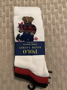 Polo Ralph Lauren 3 Pairs Boys Socks Size 8-9.5 - Holiday Polo Bear - Picture 1 of 4