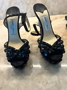 Jimmy Choo Suede Black Heel Sandals with Swarovski Black Crystals - Size 37 - Picture 1 of 6