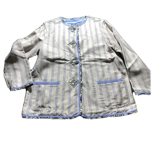 KOOS OF COURSE Jacket Women SM ? Blue Khaki Reversible Button Art Quilt Oversize - Picture 1 of 7
