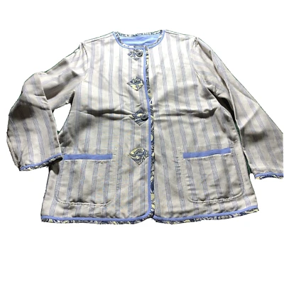 KOOS OF COURSE Jacket Women SM ? Blue Khaki Reversible Button Art Quilt Oversize - Image 1 of 4