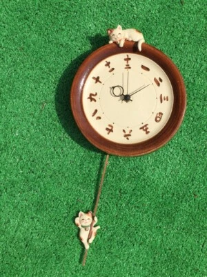 SETO ware Japanese Pair Lucky Cat Manekineko Pendulum Wall Clock Pottery new - Image 1 of 4