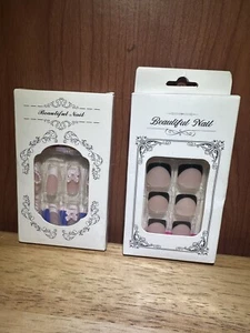New Women’s Acrylic Hand And Toe Nail Set Combo Natural Black Tips And Tiny Bows - Picture 1 of 4