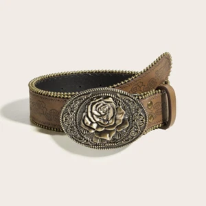 105cm Rivet Faux Leather Belt Waistband Rose Floral Pattern Stud Punk 3.8cm Wide - Picture 1 of 5