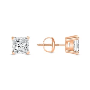 1.75 Ct Princess Cut Earrings Stud Real 14K Rose Gold Created Diamond Screw Back - Picture 1 of 3