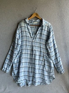 CP Shades Plaid Linen Tunic Shirt Dress Large Blue Long Sleeve Pockets - Picture 1 of 10