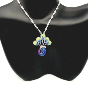 Sterling silver Peacock handpainted Necklace Cz with Singapore 2mm chain  - Picture 1 of 6