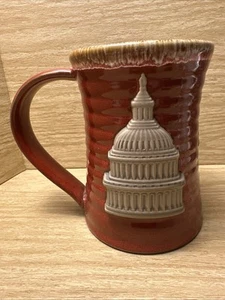Tall Art Pottery Stoneware Mug Features Capital Dome Red Ribbed 3D - Picture 1 of 11