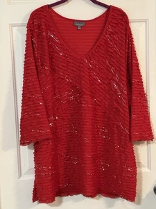 Women’s 3X Essentials Red 3/4 Sleeve Top Ruffles And Silver Glitter Semi Sheer - Picture 1 of 18