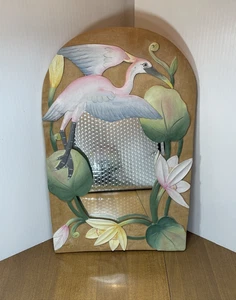 Vintage geschnitzter Holz Spiegel fliegender Kranich Seerose Blume tropisch Strandhaus - Bild 1 von 16
