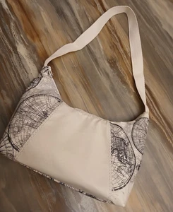 New Compass Globe Top handle Shoulder Bag Purse Ivory Gray Crescent Baguette - Picture 1 of 8