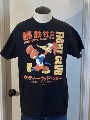 VTG 2002 Woodys Fight Club T Shirt Size M Woody Woodpecker Black Riot Society - Image 1 of 4