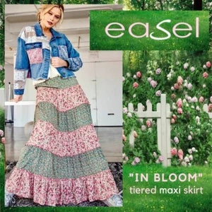 EASEL S to L Contrast Floral Print Ruffled Trim Tiered Flowy Peasant Maxi Skirt - Picture 1 of 16
