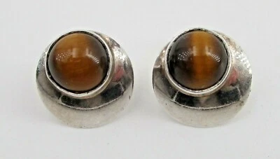 Винтажные серьги из чистого серебра с застежкой-бабочкой тигровый глаз ручной работы Мексика - Изображение 1 из 3