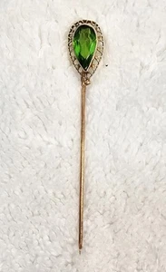 Prendedor de sombrero vintage de oro 14K filigrana verde estrás palo Art Deco femenino - Imagen 1 de 5