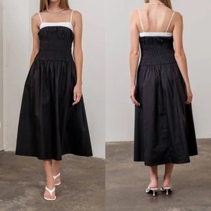 NEW MOON RIVER Black CONTRAST Smocked Bodice COTTON Poplin MINI DRESS S - Picture 1 of 15