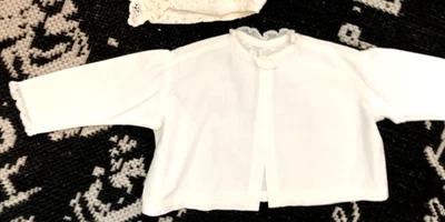 Vtg Antique BABY Newborn White Cotton Lace Trim Open Front BABY JACKET Sweater - Image 1 of 4